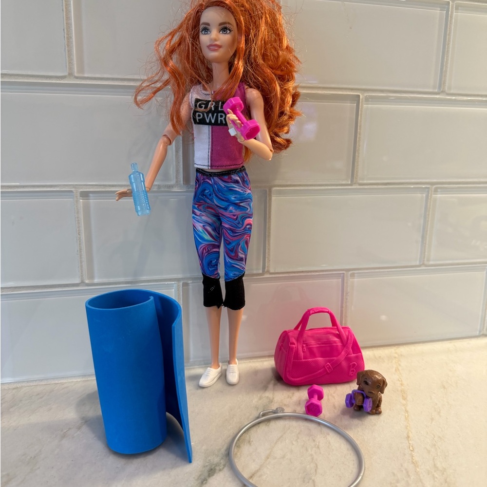 Barbie fitness Doll with Yoga Accessories and puppy set